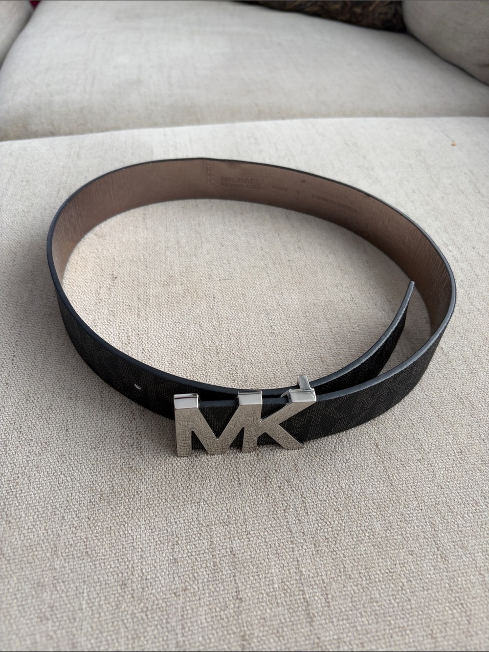 Michael Kors Black Leather Logo Belt with Silver MK Buckle size Small